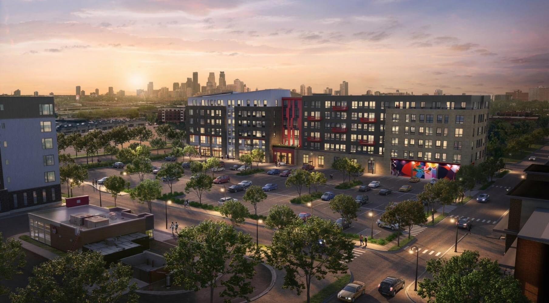 Exterior rendering of Everlake apartments in Minneapolis at sunset
