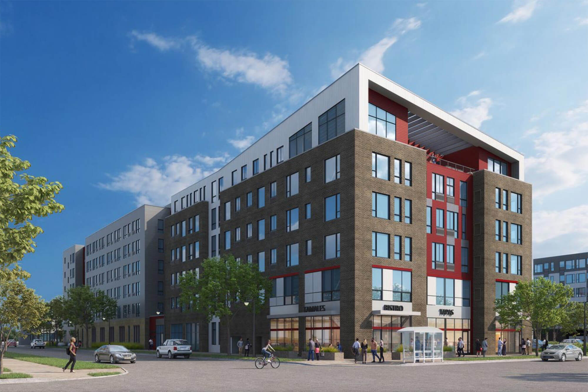 Exterior view of Everlake apartments from the street corner