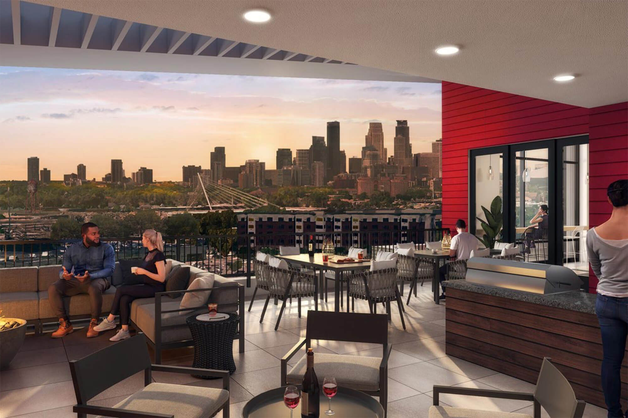 Rooftop sky terrace with seating, grilling area, and Minneapolis skyline views